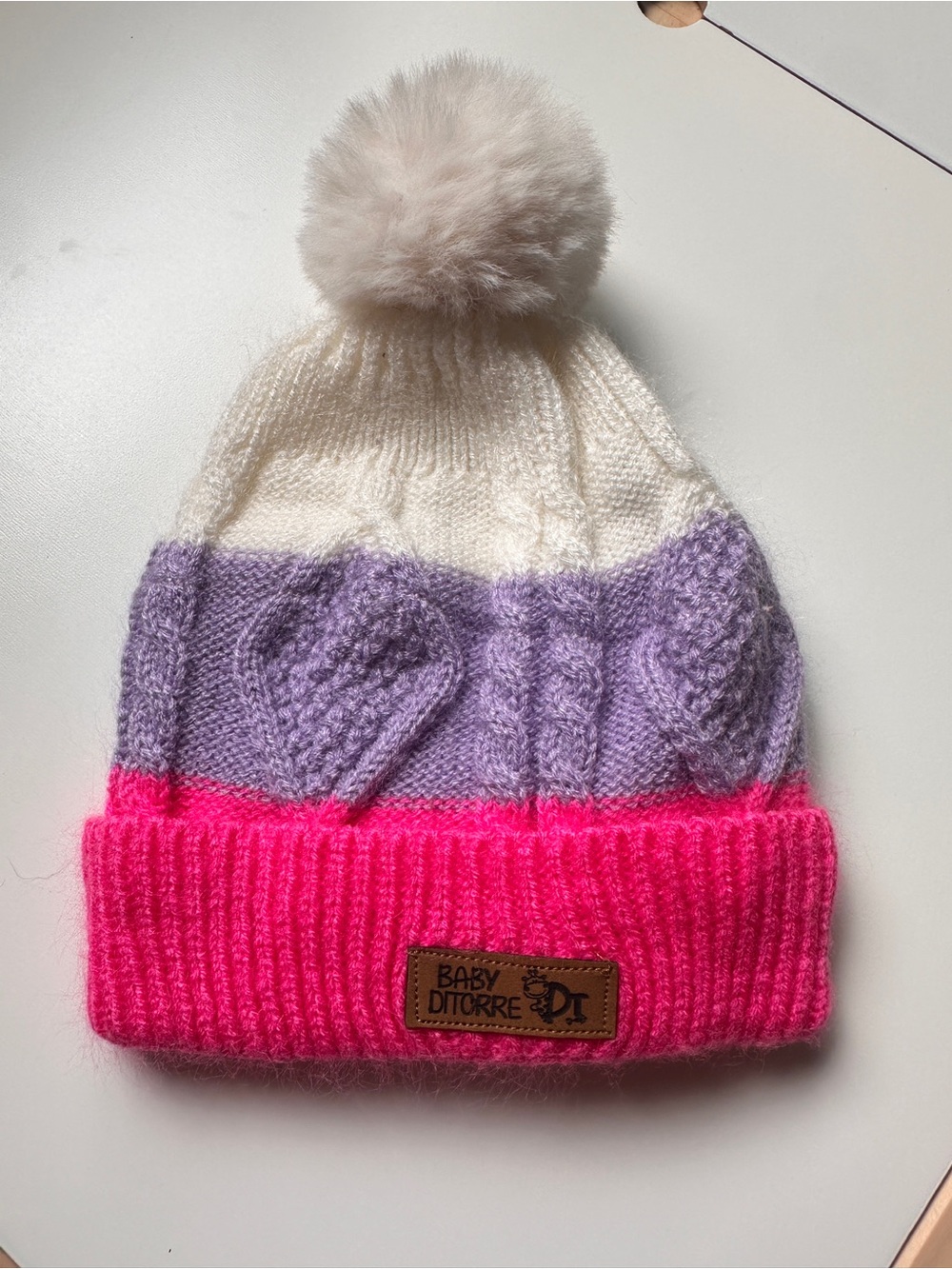 Baby Toddler Ditorre Pink Purple White Knitted Beanie Pom Pom Hat
